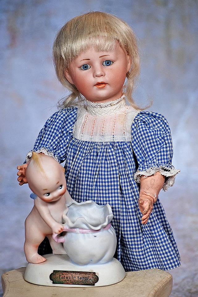 GERMAN ALL-BISQUE KEWPIE WITH CANDY SACK “LET US BE HAPPY” (1 of 2)