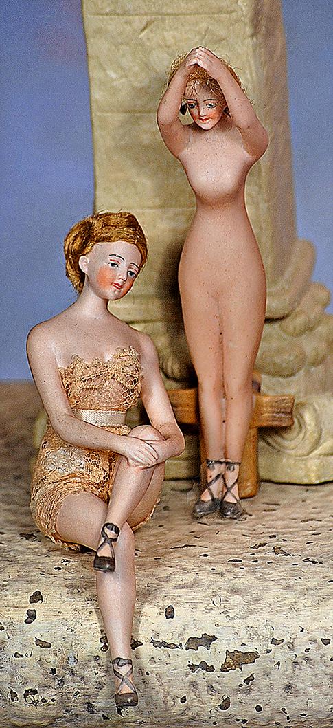TWO GERMAN BISQUE BATHING BEAUTIES BY GALLUBA AND HOFFMAN: 153. TWO GERMAN BISQUE BATHING BEAUTIES BY GALLUBA AND HOFFMAN. Each is all-bisque figure of adult lady with painted features, blue eyes, tapered brows, closed mouth and original mohair wig, painted g