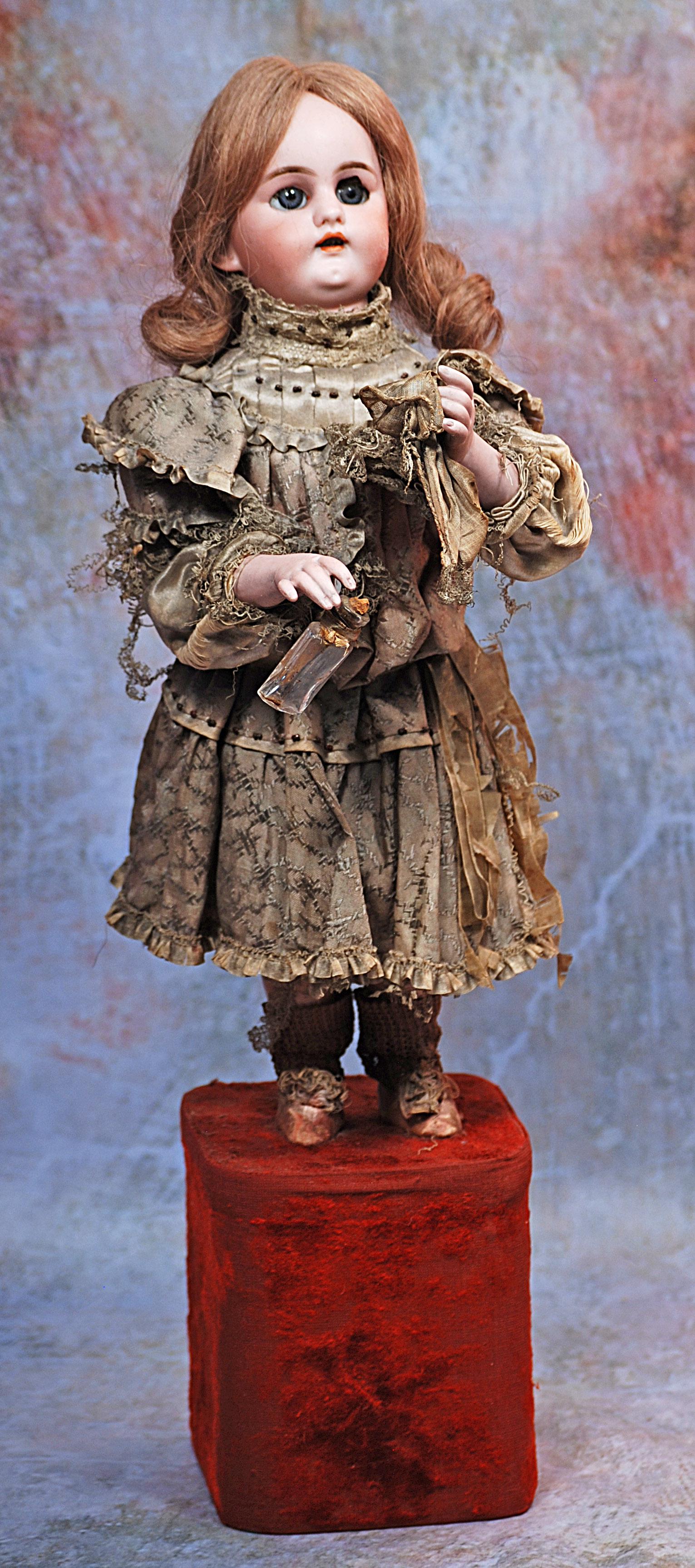 FRENCH BISQUE MUSICAL AUTOMATON “ LITTLE GIRL WITH HANKIE AND PERFUME” BY LAMBERT: 280. FRENCH BISQUE MUSICAL AUTOMATON “ LITTLE GIRL WITH HANKIE AND PERFUME” BY LAMBERT. 20”. Marks: 1300 – 6 Dep, S & H (head); L, B. (key). Bisque socket head with blue glass