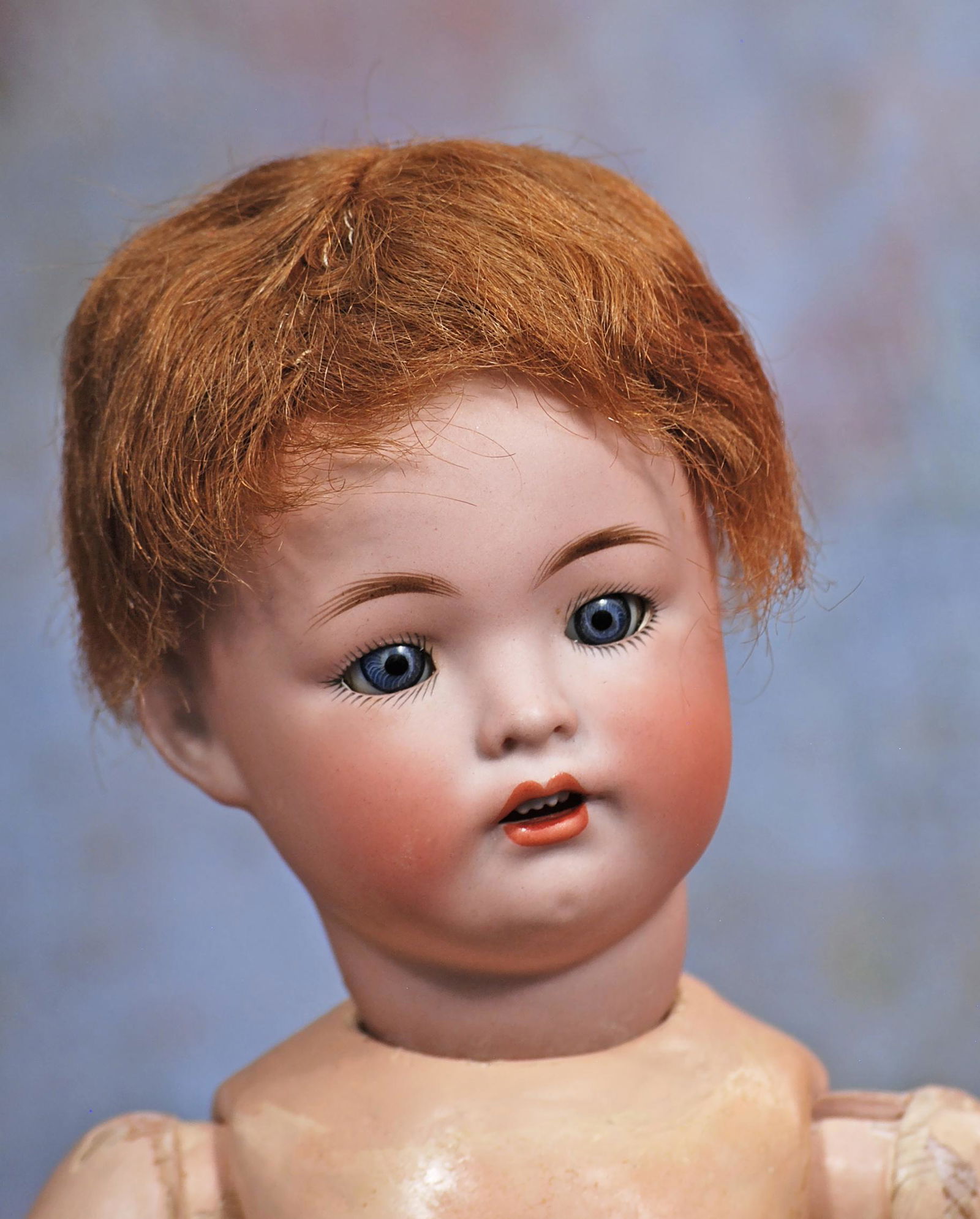 VERY RARE, FULLY MARKED, MOLD 607 CHARACTER, BY SIMON AND HALBIG: 285. VERY RARE, FULLY MARKED, MOLD 607 CHARACTER, BY SIMON AND HALBIG. 16” Marks: Simon & Halbig 607. Bisque socket head, blue sleep eyes, painted lashes, feathered brows, open mouth, accented l