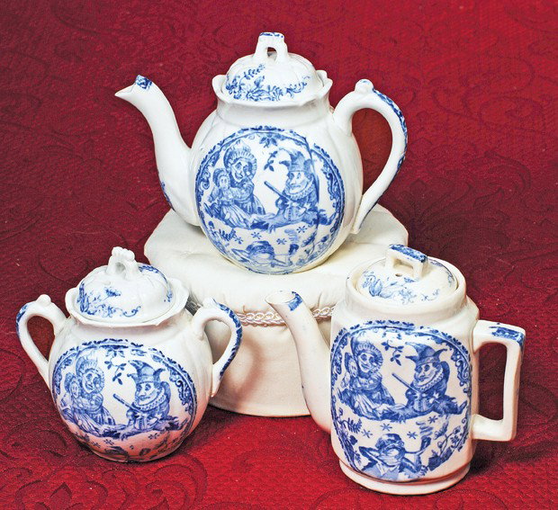 PUNCH & JUDY CHINA DINNERWARE. Marks: Punch, Alle: PUNCH & JUDY CHINA DINNERWARE. Marks: Punch, Allerton & Sons, England. Includes: coffee pot with lid, teapot with lid and sugar bowl with lid. White china with Punch and Judy illustrations in blue on 