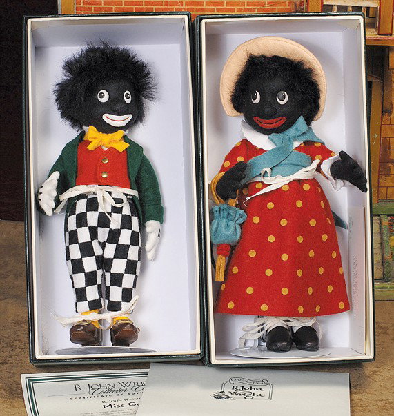 R. JOHN WRIGHT "GOLLIWOG" FIRST COLLECTOR'S CLUB E: R. JOHN WRIGHT "GOLLIWOG" FIRST COLLECTOR'S CLUB EDITION. 1996-98 Premiere Club Exclusive. 11". All-felt, fully-jointed, painted googly eyes, wide smiling mouth, black mohair wig, colorful felt costum