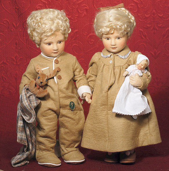 R. JOHN WRIGHT "MICHAEL & LINDSAY". 17". All-fel: R. JOHN WRIGHT "MICHAEL & LINDSAY". 17". All-felt, fully-jointed, mohair wig, painted features, felt and cotton costume, felt slippers, Michael with blanket and velveteen rabbit, Lindsay with felt bab