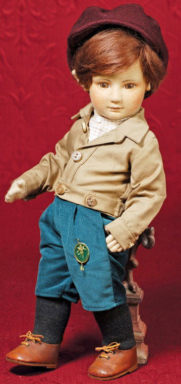 R. JOHN WRIGHT "JESSE" FROM FIRST SERIES LITTLE CH: R. JOHN WRIGHT "JESSE" FROM FIRST SERIES LITTLE CHILDREN. 18". All-felt doll, fully-jointed, painted features, brown eyes, side-parted brown mohair wig, green corduroy pants, cotton plaid shirt and ta