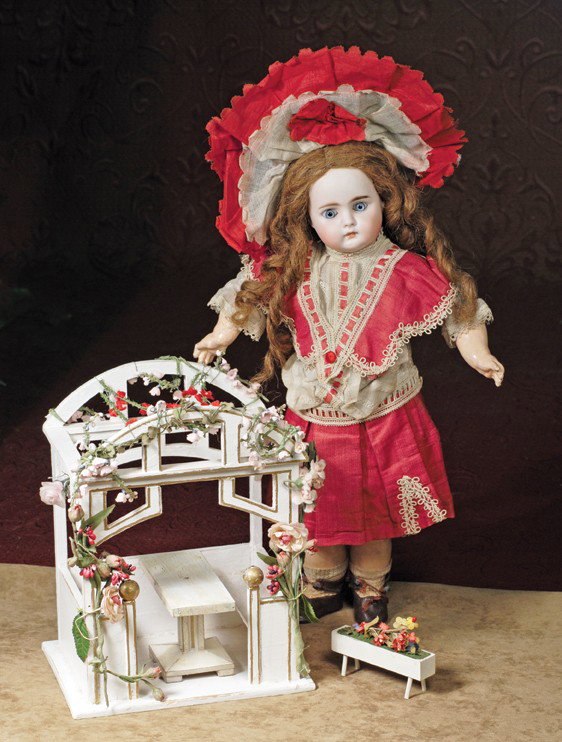 BELTON-TYPE BISQUE DOLL IN FACTORY ORIGINAL COSTUM: BELTON-TYPE BISQUE DOLL IN FACTORY ORIGINAL COSTUME. Marks: 12. 15". Bisque socket head, flat top with stringing holes, spiral threaded blue paperweight eyes, painted lashes, feathered brows, pierced 