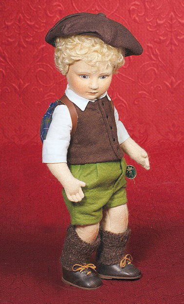 R. JOHN WRIGHT LITTLE CHILDREN SERIES "PETER". 17: R. JOHN WRIGHT LITTLE CHILDREN SERIES "PETER". 17". Pressed felt with painted features, five-piece jointed felt body, blue eyes, closed mouth, short fleecy blonde mohair wig, wears green felt shorts, 