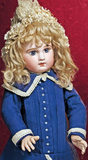 VERY FINE FRENCH BISQUE "INCISED DEPOSE" BEBE JUM: VERY FINE FRENCH BISQUE "INCISED DEPOSE" BEBE JUMEAU IN RARE SIZE 12. Marks: Depose Jumeau 12 (plus red artist marks). 26". Pressed bisque socket head with spiral-threaded deep blue paperweight eyes, 