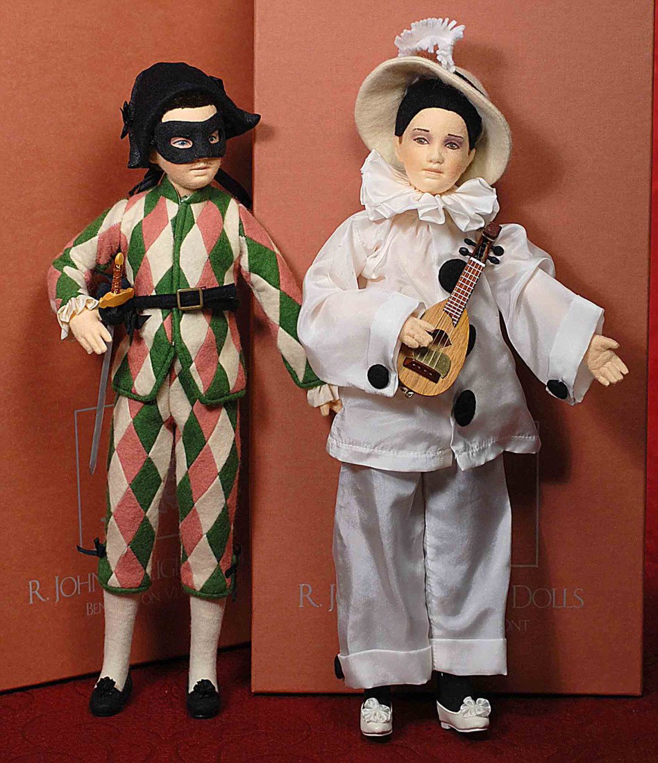 R. JOHN WRIGHT “HARLEQUIN PIERROT”.: R. JOHN WRIGHT “HARLEQUIN PIERROT”. 14”. All-felt, fully jointed, molded character face with hand-painted features, wears pieced felt suit, black felt hat, shoes and mask, carries custom-made wo