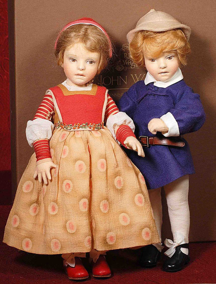 R. JOHN WRIGHT EXCLUSIVE “BABES IN THE WOOD” TWO D: R. JOHN WRIGHT EXCLUSIVE “BABES IN THE WOOD” TWO DOLL SET. 17”. Each is all-felt, fully jointed, hand-painted features, brown eyes, mohair wig, costumed in cotton and felt outfits, cotton stocki