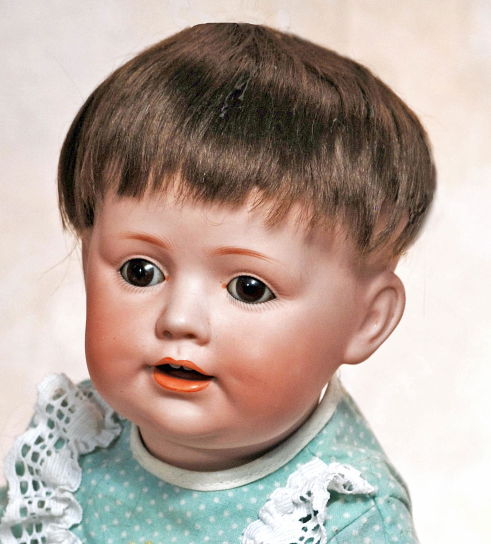 GERMAN BISQUE JDK 257 CHARACTER BABY BY KESTNER.: GERMAN BISQUE JDK 257 CHARACTER BABY BY KESTNER. 15 1/2" Marks: JDK 257 Germany. Bisque socket head, brown sleep eyes, painted lashes, feathered brows, dimpled cheeks, open mouth, accented lips, tongu