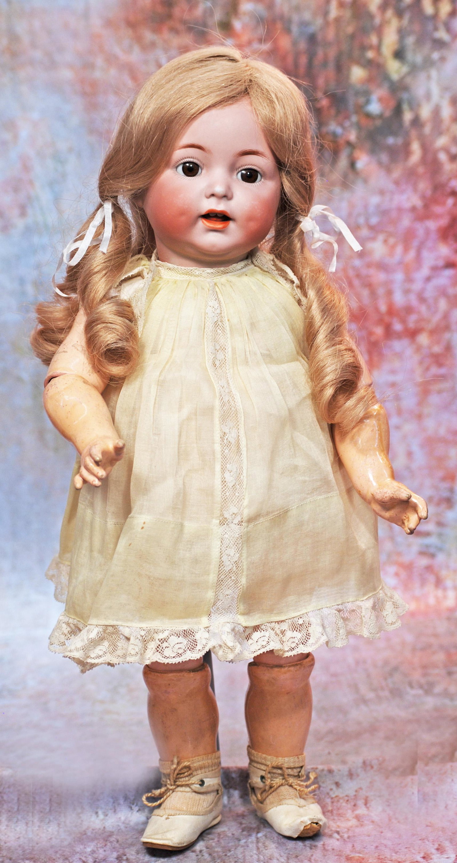 KAMMER & REINHARDT 116/A CHARACTER WITH TODDLER BODY: KAMMER & REINHARDT 116/A CHARACTER WITH TODDLER BODY. 16”. Marks: K * R Simon & Halbig 116/A. Bisque socket head, brown sleep eyes, painted lashes, feathered brows, deep cheek dimples, open mout