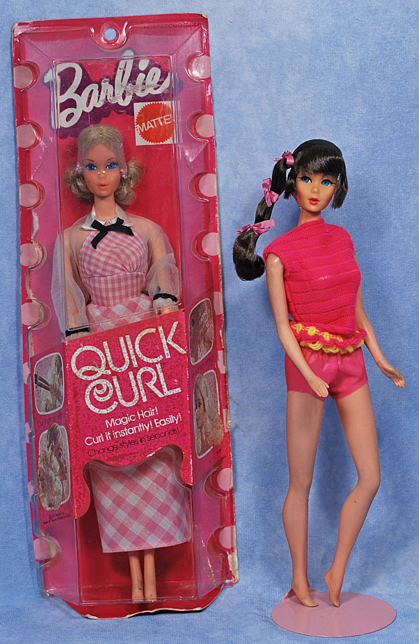 Two Barbies Quick Curl Barbie And 1968 Dark Brunette Talking Barbie