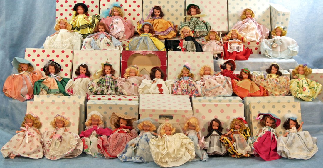 COLLECTION OF 35 NANCY ANN STORYBOOK DOLLS: COLLECTION OF 35 NANCY ANN STORYBOOK DOLLS. 5". All are painted bisque shoulderhead, painted facial features with upper glancing eyes and tiny closed mouth, original mohair wigs, moveable arms, and pa