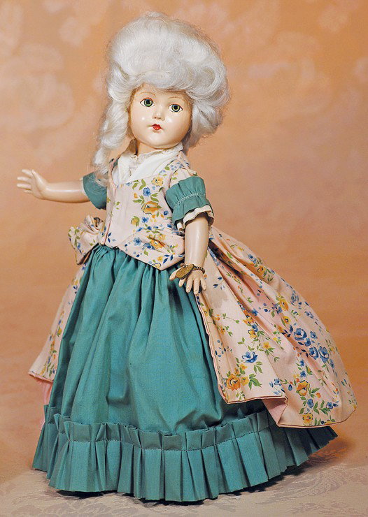 EFFANBEE COMPOSITION HISTORICAL DOLL REPRESENTING T: EFFANBEE COMPOSITION HISTORICAL DOLL REPRESENTING THE "REVOLUTIONARY PERIOD 1777". 14". Composition socket head on five-piece jointed body, painted features, blue eyes, dark eyeliner and lashes, feath
