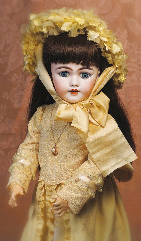 GERMAN BISQUE SIMON & HALBIG MODEL 1009 DOLL: GERMAN BISQUE SIMON & HALBIG MODEL 1009 DOLL. Marks: S 13 H 1009 Dep st. 25". Bisque socket head, stationary blue glass eyes, painted lashes, feathered and brushstroked brows, pierced ears, open mouth