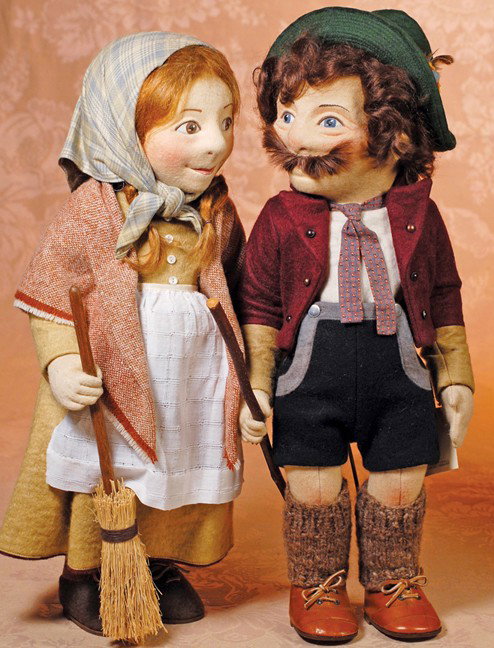 R JOHN WRIGHT EARLY CHARACTER DOLL "KARL". 18".: R JOHN WRIGHT EARLY CHARACTER DOLL "KARL". 18". .Molded felt with unique character features, wide beaming smile, prominent nose, blue eyes and high cheek bones, dark brown hair and mustache, jointed a