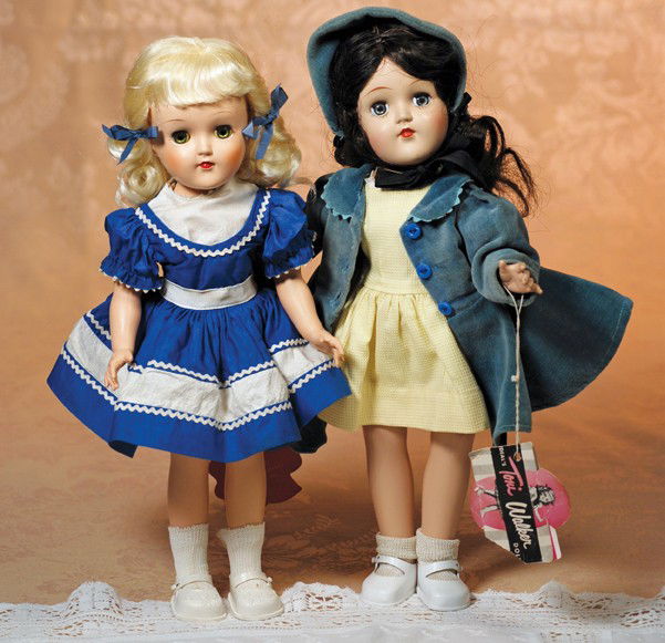 TWO HARD PLASTIC "TONI" BY IDEAL: TWO HARD PLASTIC "TONI" BY IDEAL. Marks: P-90 Ideal Doll. 14". Each is all hard plastic with socket head and five-piece jointed body, sleep eyes, dark eyeshadow, painted and applied lashes, synthetic