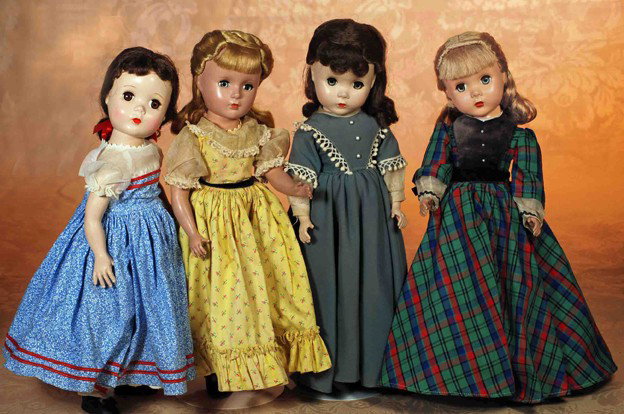 FOUR ALEXANDER "LITTLE WOMEN" HARD PLASTIC DOLLS: FOUR ALEXANDER "LITTLE WOMEN" HARD PLASTIC DOLLS. "Little Women" dolls including two models of Jo, plus Beth and Amy. 14". Each has sleep eyes, original wig, tagged dress, slip and pantaloons, black l