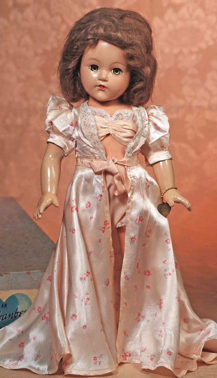 EFFANBEE NANETTE IN ORIGINAL BOX: EFFANBEE NANETTE IN ORIGINAL BOX. 18". Marks: Effanbee USA. Composition socket head, five-piece jointed body, mohair wig, sleep eyes, original pink print rayon peignoir over pink tricot bra and panty,