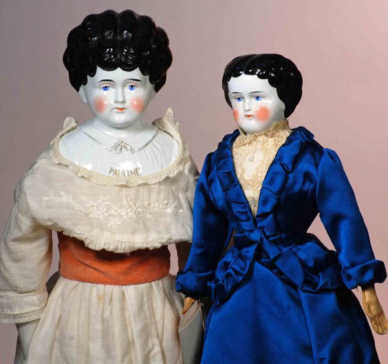 GERMAN CHINA DOLL "PAULINE" & FLAT-TOP CHINA DOLL: GERMAN CHINA DOLL "PAULINE" & FLAT-TOP CHINA DOLL..-1. 24" Pet Name doll marked "Pauline" in gilt letters on front of molded bodice, painted hair and features, replacement cloth body with porcelain lo
