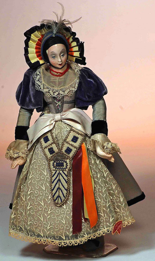 GEPP SCHIO- ITALY PORCELAIN FASHION DOLL IN PROVI: 16” GEPP SCHIO- ITALY PORCELAIN FASHION DOLL IN PROVINCIAL DRESS. Marks” Creazioni Gepp Schio,Italy (skirt tag). Turned shoulderhead and hands, painted features, felt body, velvet, cotton and lace