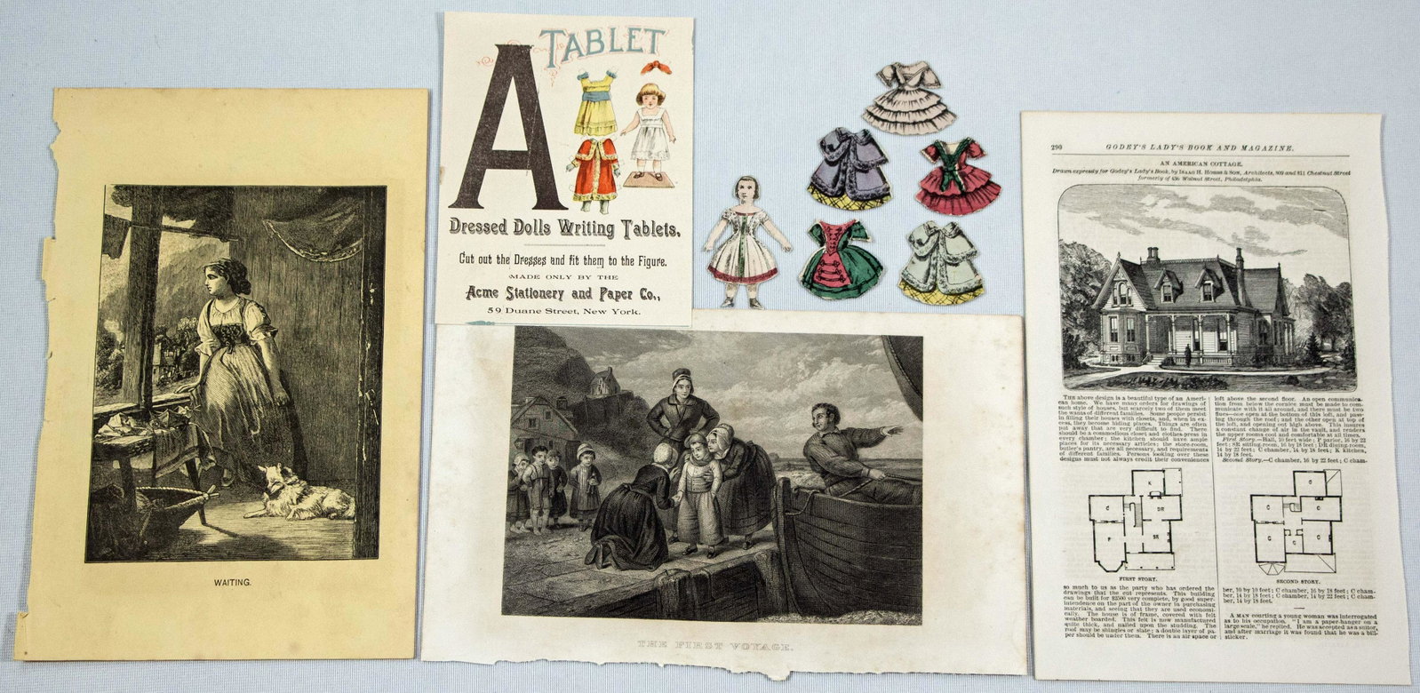 THREE OLDER PRINTS AND REPRINT PAPER DOLL: 102. THREE OLDER PRINTS AND REPRINT PAPER DOLL. Three 9 1/4" x 5 3/4" black and white pages. One page titled "The First Voyage" has 9 characters by the sea, with main character, a boy, encouraged as h