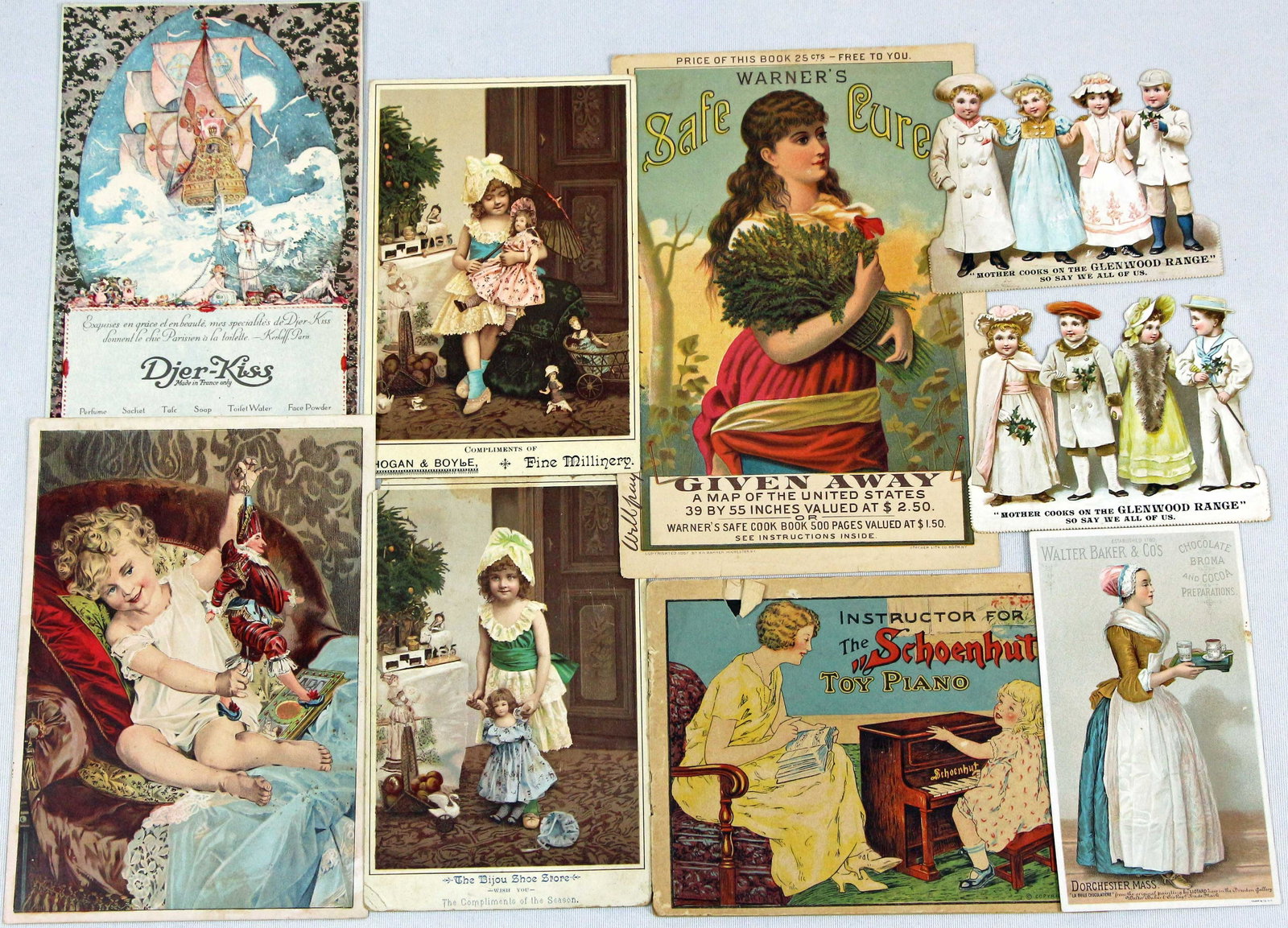 GROUP OF ADVERTISING CARDS AND MORE: 138C. GROUP OF ADVERTISING CARDS AND MORE. Two 3 1/2" x 4 1/2" die cut Victorian trade cards, advertising for Glenwood Range; two 4 x 6 1/2" cards with front only advertisements, one for Dijou Shoe St