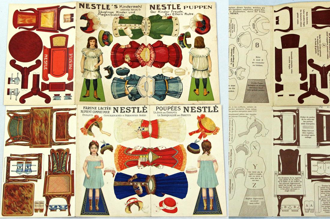 RARE PAPER DOLL SHEETS WITH NESTLE'S ADVERTISING & ONE WITH GALACTINA, c 1860-1890 (1 of 2)