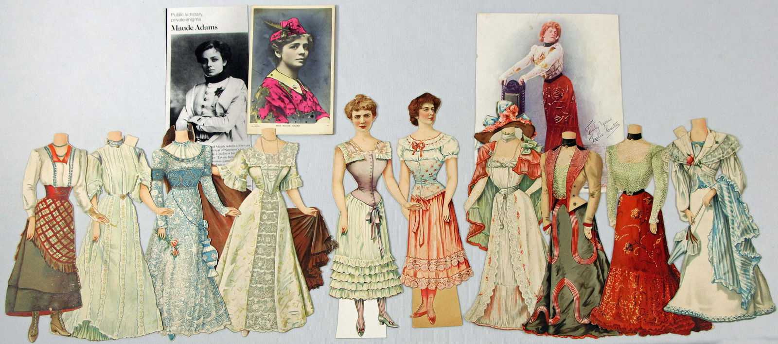 LESLIE CARTER & MAUDE ADAMS, ENGLISH PAPER DOLL SETS BY RAPHAEL TUCK: 205. LESLIE CARTER & MAUDE ADAMS, ENGLISH PAPER DOLL SETS BY RAPHAEL TUCK. 9 1/4" Heavy cardboard single-sided, easel back paper doll depicting the celebrity theatre actress of the late 19th century M