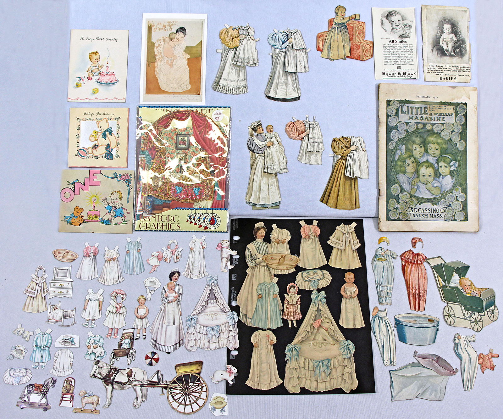 BABY PAPER DOLL CUT OUTS, ADVERTISEMENTS, MAGAZINE, AND CARD. (1 of 1)