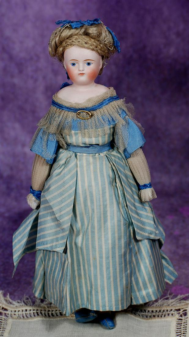 FINE, ALL-ORIGINAL BISQUE LADY IN ORIGINAL COSTUME. 12”. Marks: None. Bisque shoulderhead: FINE, ALL-ORIGINAL BISQUE LADY IN ORIGINAL COSTUME. 12”. Marks: None. Bisque shoulderhead with solid-dome, painted features, blue eyes, upper eyeliner, tapered brows, closed mouth, original blon