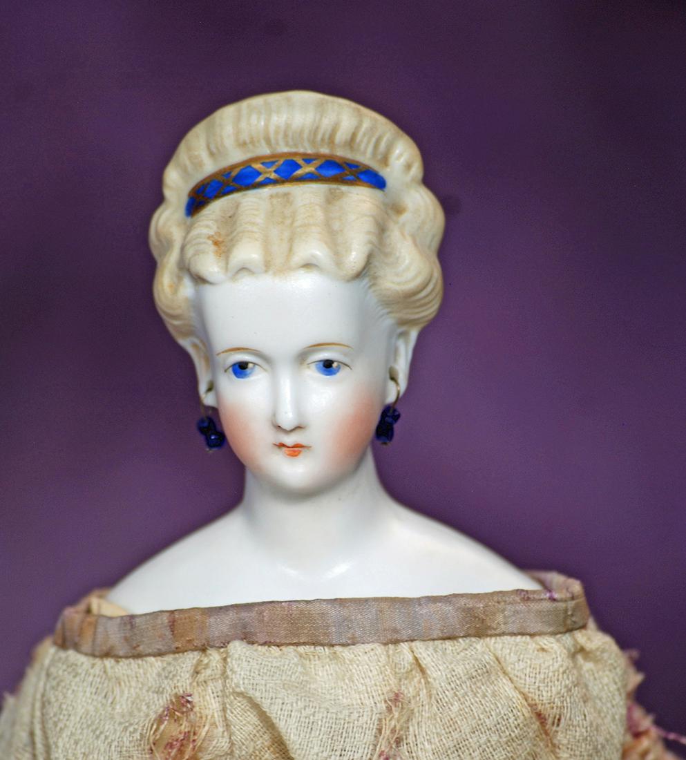 GERMAN BISQUE LADY WITH GILT-TRIMMED HAIR RIBBON.  12”.  Bisque shoulderhead with slender (1 of 3)