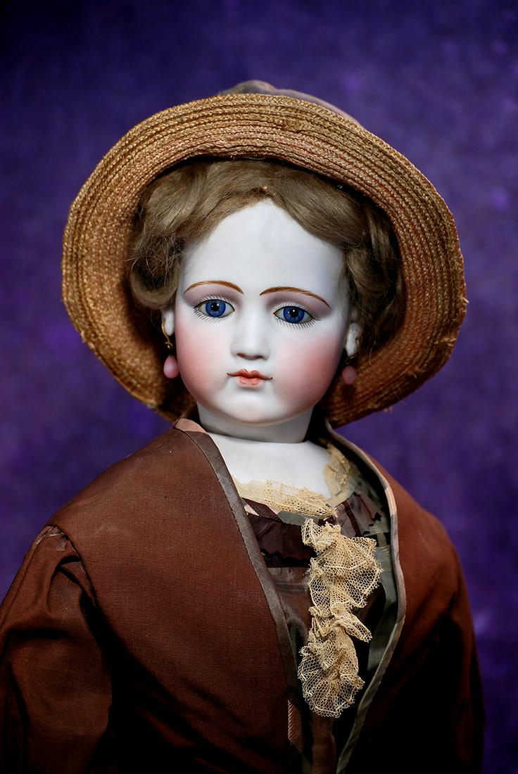 VERY EARLY, BEAUTIFUL PORTRAIT POUPEE BY PIERRE-FRANCOIS JUMEAU. 24”. Marks: Simonne Paris: VERY EARLY, BEAUTIFUL PORTRAIT POUPEE BY PIERRE-FRANCOIS JUMEAU. 24”. Marks: Simonne Paris Passage Delorme Rue de Rivoli (blue stamped on front torso). Pressed bisque swivel head on kid-edged bi