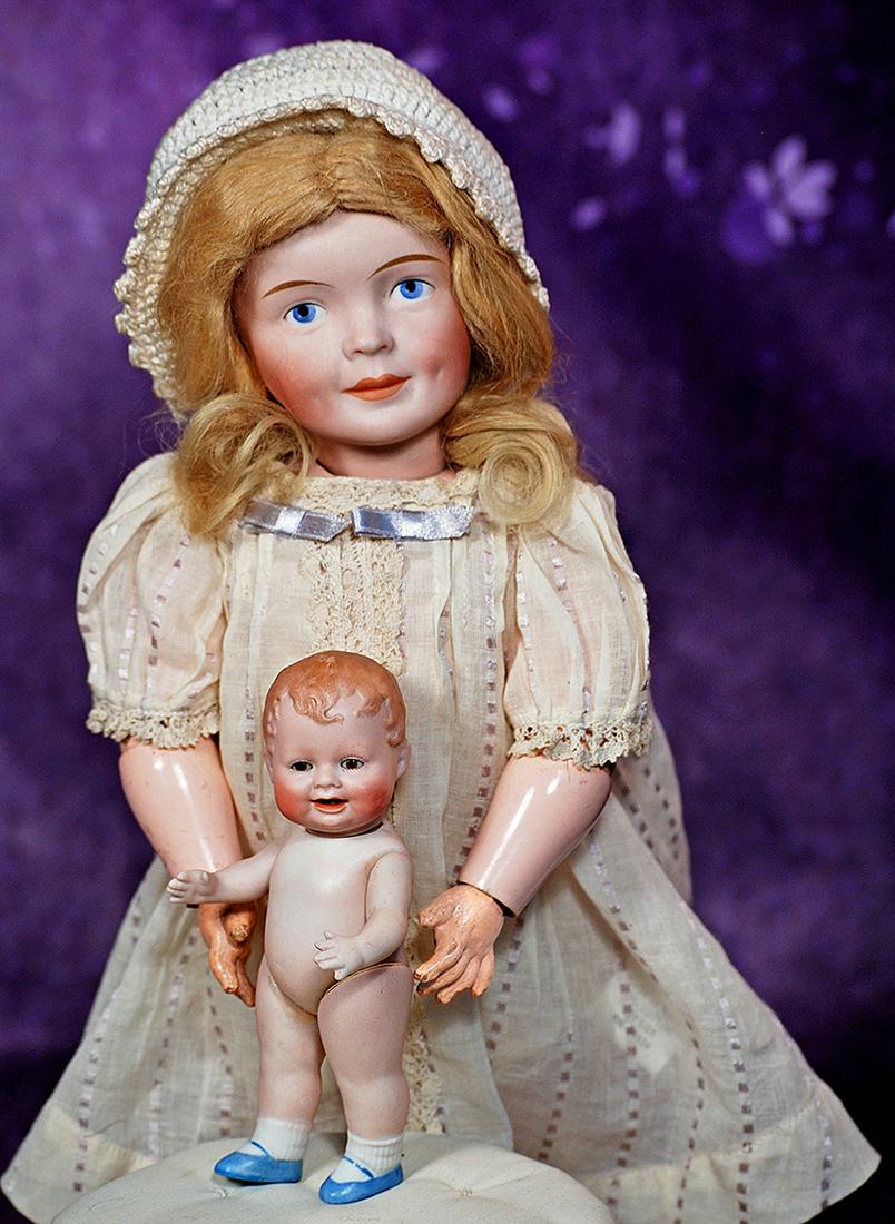 GERMAN ALL-BISQUE BONNIE BABE DESIGNED BY GEORGENE AVERILL. 5”. Solid domed bisque swivel: GERMAN ALL-BISQUE BONNIE BABE DESIGNED BY GEORGENE AVERILL. 5”. Solid domed bisque swivel head on bisque torso, painted brown hair with tendrils swept across the forehead, blue glass sleep eyes,