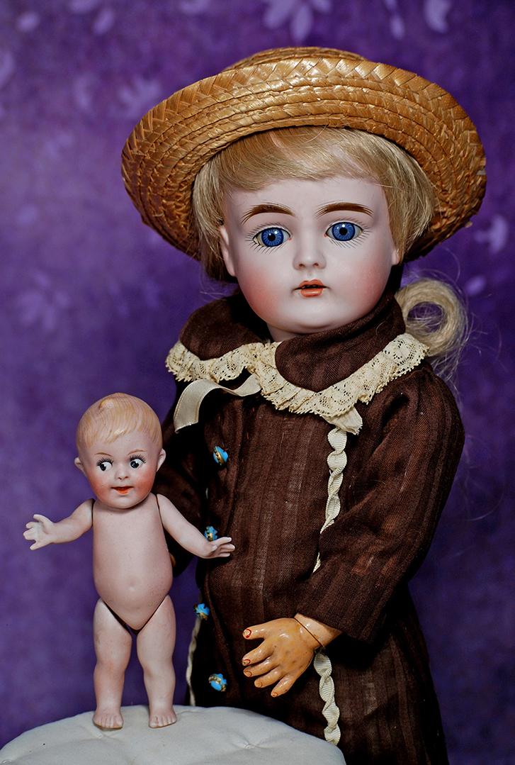 GERMAN ALL-BISQUE GOOGLY-EYED CHARACTER DOLL.  Marks: None.  5”.  All-bisque, jointed (1 of 2)