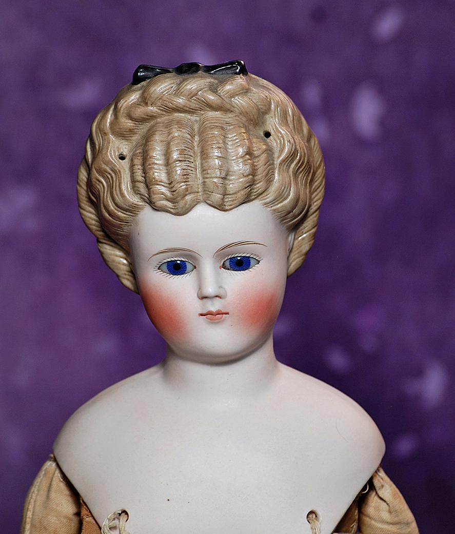 RARE GERMAN BISQUE LADY WITH RARE COIFFURE.  19”.  Marks: None.  Bisque shoulderhead with (1 of 3)