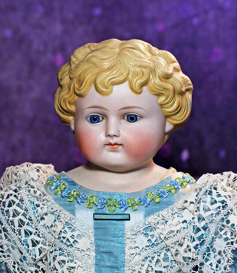 LARGE GERMAN BISQUE LADY WITH SCULPTED BLONDE HAIR.  24”.  Marks: None visible.  Bisque (1 of 2)