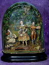 EXCEEDINGLY RARE PHALIBOIS AUTOMATON WITH THREE FRENCH BISQUE DOLLS BY BRU.  29&#8221; x 21&#8221;.