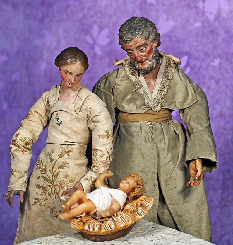 TWO EARLY NEAPOLITAN FIGURES REPRESENTING MARY AND JOSEPH WITH WAX FIGURE OF BABY JESUS.  12 ½ (1 of 3)