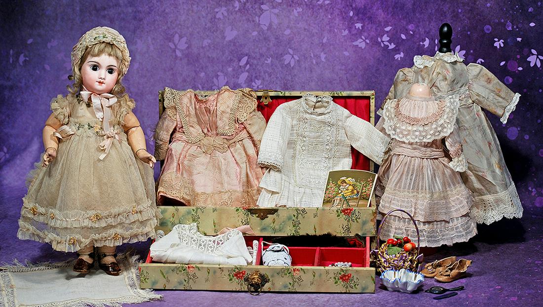 FRENCH BISQUE BEBE “M” WITH TRUNK AND TROUSSEAU.  15”. Marks: M 4. Bisque socket (1 of 2)