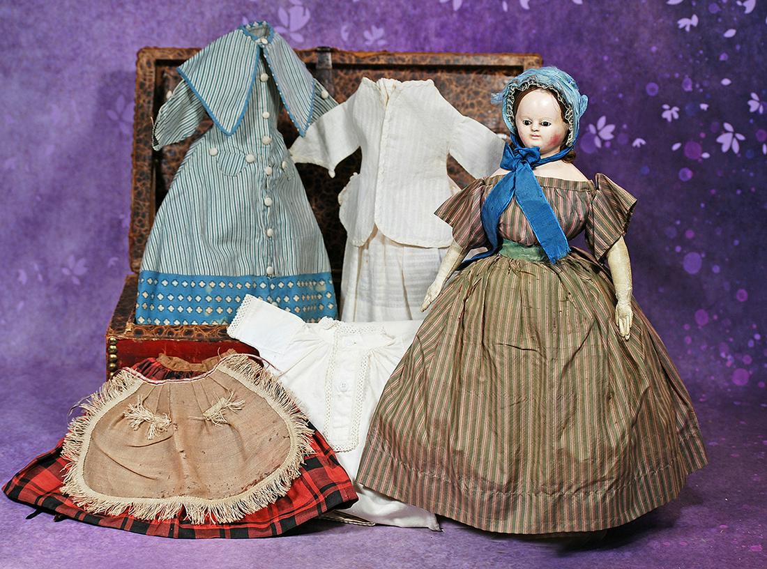 EARLY PAPER MACHE POUPEE WITH TRUNK AND TROUSSEAU.  15”.  Solid domed paper mache (1 of 2)