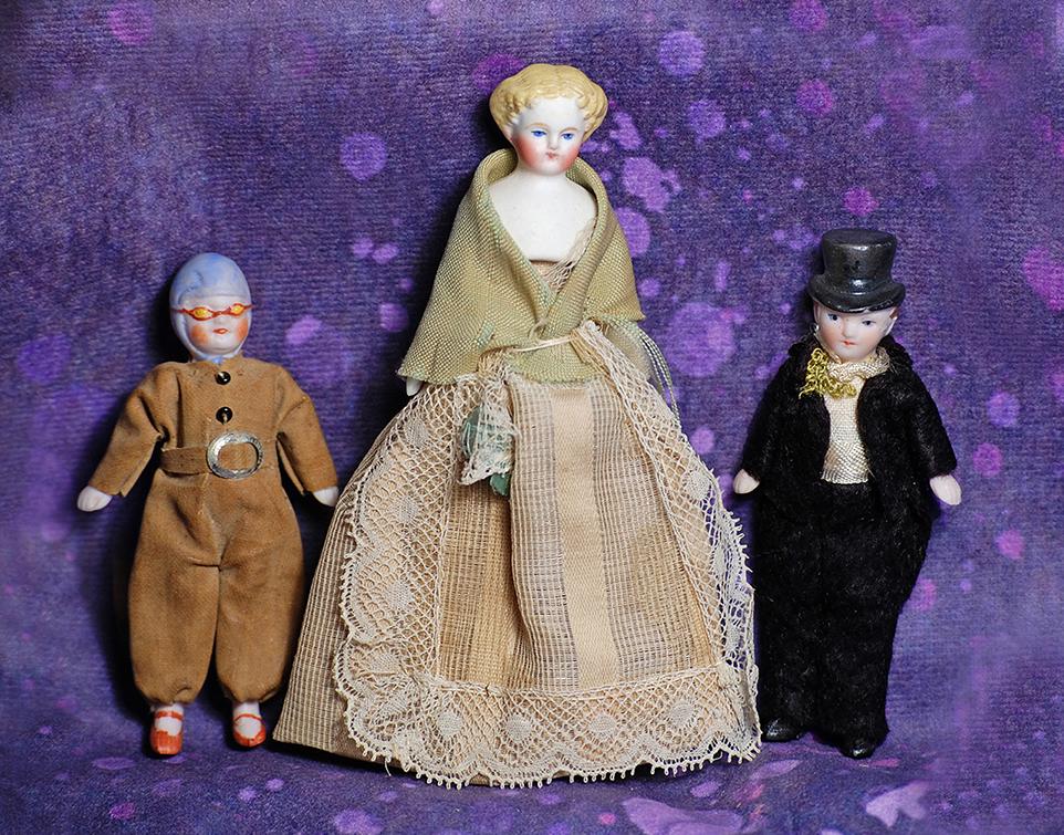 THREE BISQUE DOLL HOUSE DOLLS.  Includes: 3 ½” all-bisque doll as groom with sculpted (1 of 1)