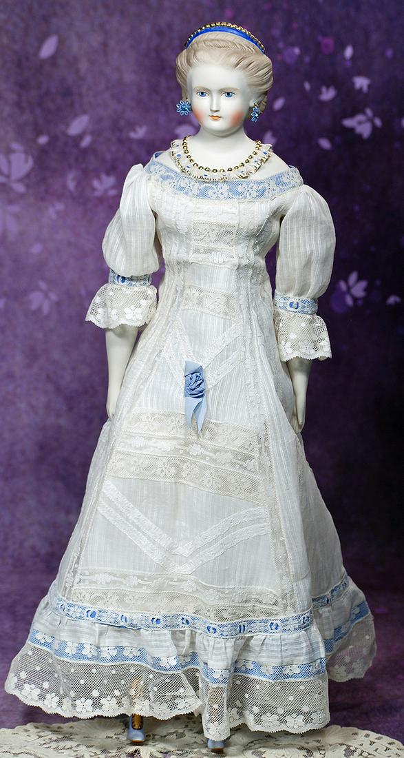 BISQUE LADY WITH SCULPTED HAIR AND BODICE BY EMMA CLEAR. 21”. Marks: Clear ‘48.: BISQUE LADY WITH SCULPTED HAIR AND BODICE BY EMMA CLEAR. 21”. Marks: Clear ‘48. Bisque shoulderhead with sculpted café au lait hair which is waved away from her face and secured with