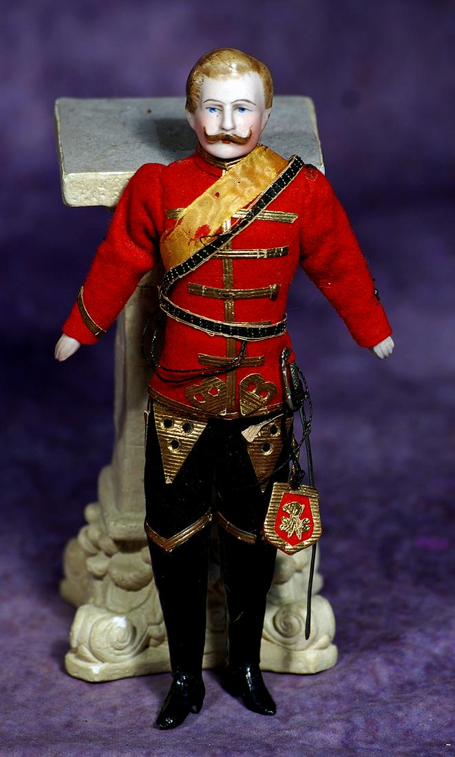 GERMAN BISQUE DOLL HOUSE SOLDIER IN ORIGINAL COSTUME.  7”.  Bisque shoulderhead of adult man (1 of 1)