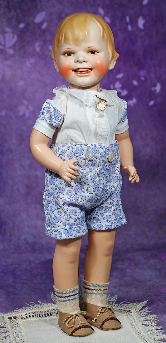 GERMAN BISQUE DOLL “GLADDIE” DESIGNED BY AMERICAN ARTIST HELEN JENSEN. 18”.: GERMAN BISQUE DOLL “GLADDIE” DESIGNED BY AMERICAN ARTIST HELEN JENSEN. 18”. Marks: Gladdie Copyright by Helen W. Jensen Germany. Earthenware head with flanged neck, sculpted hair in