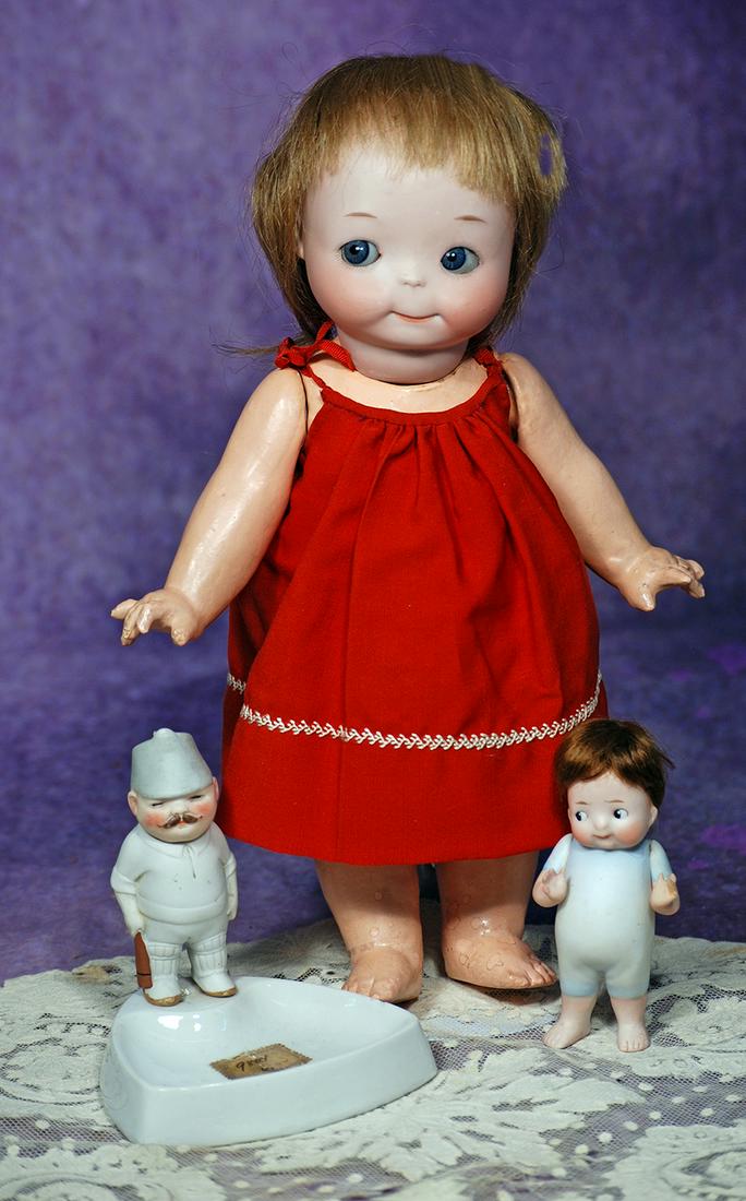GERMAN BISQUE NODDER & ALL-BISQUE CHARACTER.  4” H.  An all-bisque nodder with painted bisque (1 of 2)