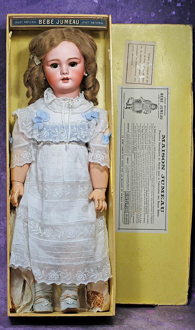 FRENCH BISQUE BEBE “DEP” WITH JUMEAU BOX. 27”. Marks: DEP, Tete Jumeau 12.: FRENCH BISQUE BEBE “DEP” WITH JUMEAU BOX. 27”. Marks: DEP, Tete Jumeau 12. Bisque socket head, brown stationary glass eyes, mohair lashes, painted lower lashes, brushstroked and feat