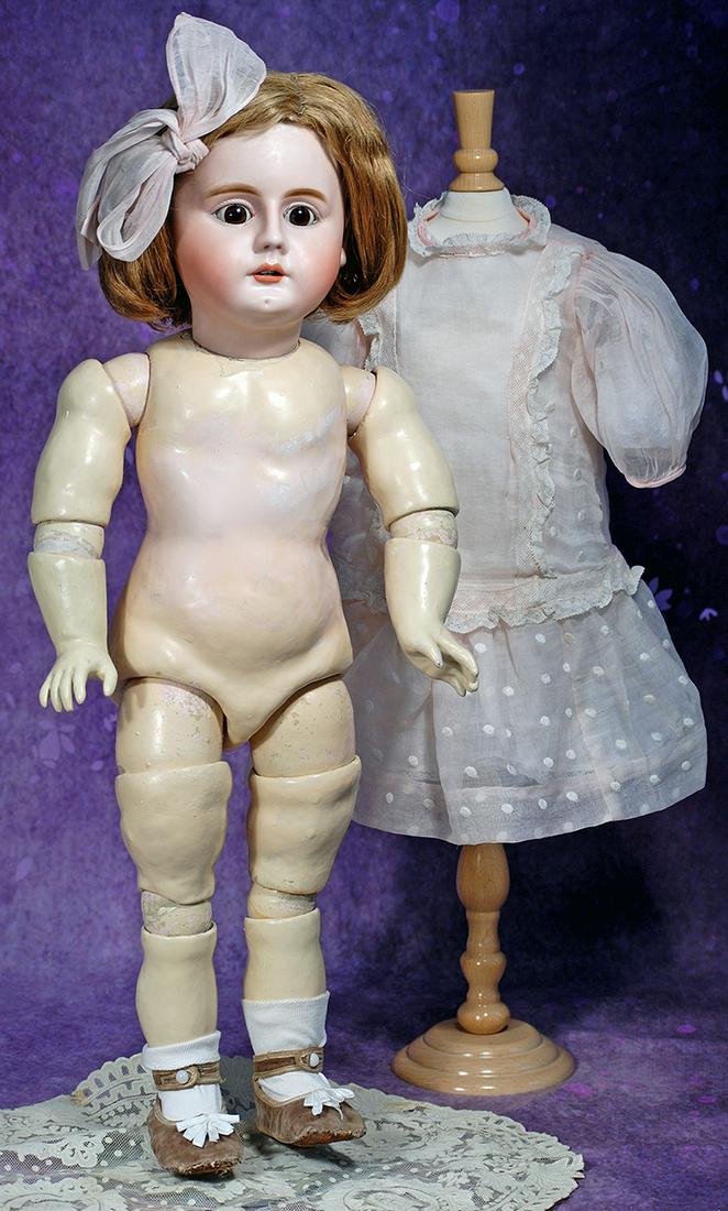 OUTSTANDING, EARLY SIMON & HALBIG, 979, BISQUE DOLL. 25”. Marks: 979. Bisque socket head,: OUTSTANDING, EARLY SIMON & HALBIG, 979, BISQUE DOLL. 25”. Marks: 979. Bisque socket head, brown sleep eyes, mohair lashes, painted lashes, brushstroked and feathered brows, open mouth, shaded an