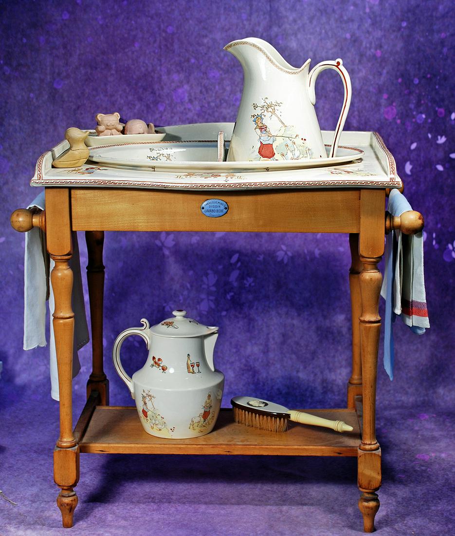 RARE FRENCH WOODEN AND FAIENCE TOILETTE TABLE & ACCESSORIES.  19” h. x 20” w.  Maple (1 of 1)