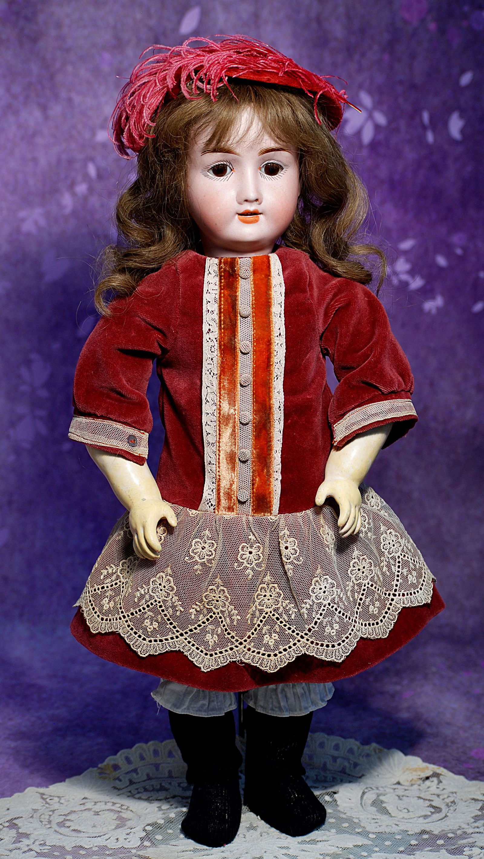 GERMAN BISQUE DOLL BY MYSTERY MAKAER. 19”. Marks: 4. Bisque socket head, brown sleep eyes,: GERMAN BISQUE DOLL BY MYSTERY MAKAER. 19”. Marks: 4. Bisque socket head, brown sleep eyes, painted lashes, feathered brows, open mouth, upper teeth, brown human hair wig, composition ball-jointe